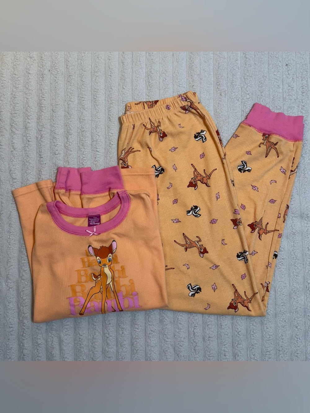 Vintage Y2K Women’s Disney Bambi PJ Set Orange & Pink Ribbed PJs L